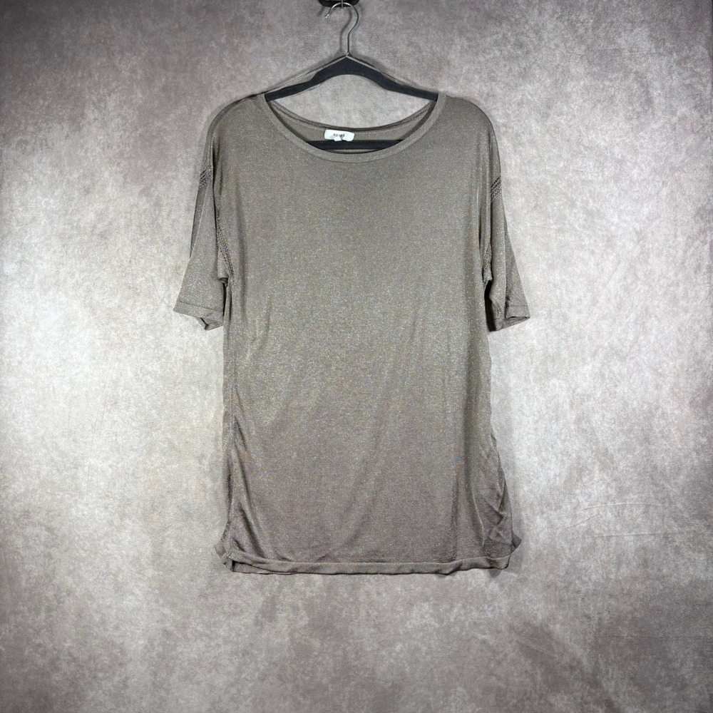 REISS T-Shirt Womens Large Taupe Lilea Metallic Shimmer Knit Short Sleeve Top